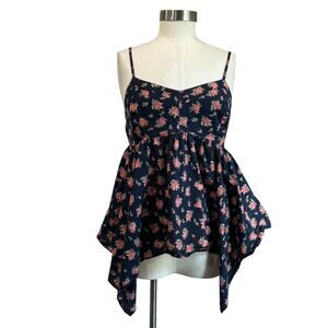 Y2K Mudd Spaghetti Strap Blue Floral Top Smocked Babydoll Size L